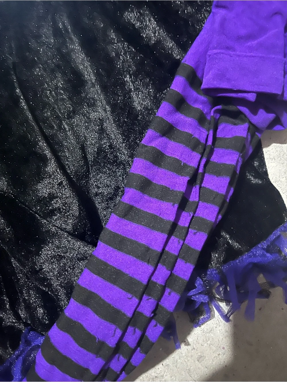 Spirit Black and Purple Girls Witch Costume with Striped Tights